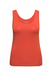 Red, sleeveless tank top made of soft jersey fabric. Features a round neckline and visible stitching along the edges. Brand logo at the top.