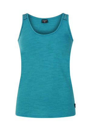 Turkoois tanktop met een ronde halslijn, voorzien van decoratieve stiksels op de schouders en een soepele, lichte stof.