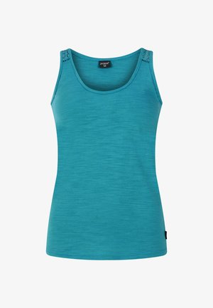 Turkoois tanktop met een ronde halslijn, voorzien van decoratieve stiksels op de schouders en een soepele, lichte stof.
