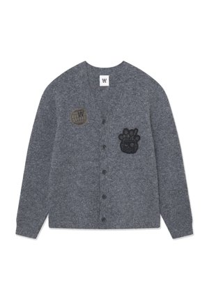 Gray cardigan made of soft fabric, featuring black embroidered patches: a globe and a character, with a button-down front.