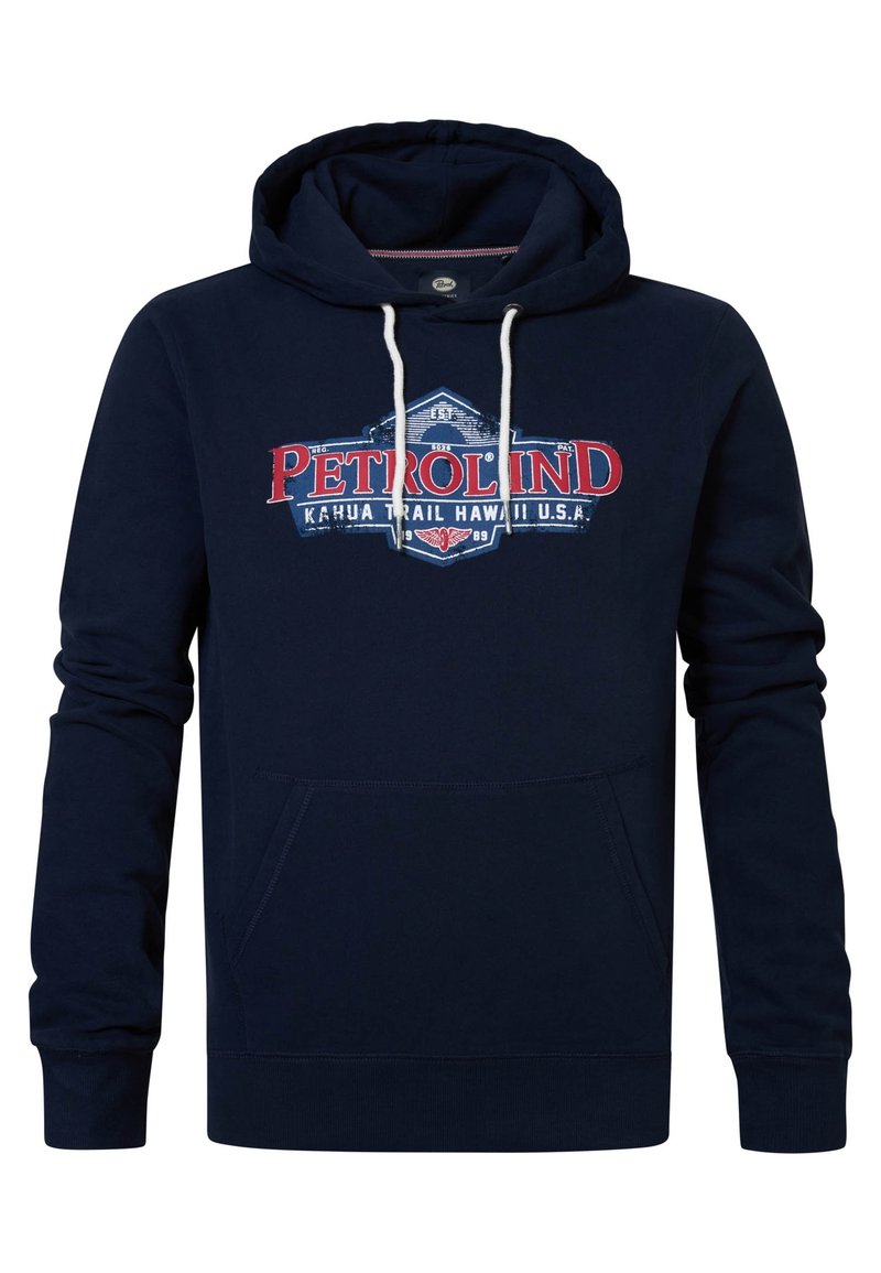 Sudadera azul marino con un bolsillo canguro, capucha con cordón y un logotipo impreso prominente en rojo y blanco que dice "PETROLIND KAHUA TRAIL HAWAI U.S.A."