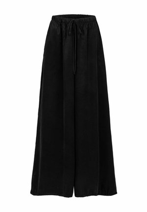 Czarne spodnie z szerokimi nogawkami, elastycznym pasem i sznurkiem, wykonane z miękkiego, lejącego się materiału.