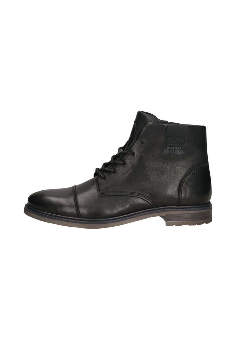 Bottines en cuir noir avec un laçage à l'avant, des détails cousus et un petit talon empilé, vues du côté extérieur.