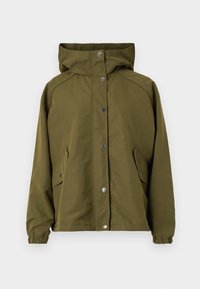 Olive green waterproof jacket with a hood, snap buttons, side pockets, elastic cuffs, and a straight cut design. Smooth texture.