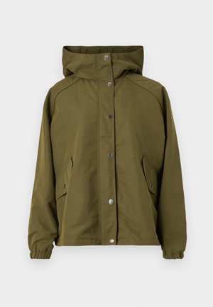 Õlivaheline veekindel jope kapuutsiga, nööbid, küljetaskud, elastsed varrukad ja sirge lõike disain. Sile tekstuur.