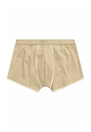 Boxer en beige en coton avec une ceinture élastique douce étiquetée "JP1880." Présente un devant cousu avec des coutures crème contrastantes.