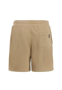 Beige herenbroekje met elastische tailleband en een enkele achterzak met een klein zwart merklabel aan de rechterkant.