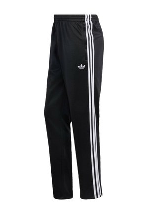 Czarne spodnie sportowe wykonane z gładkiej tkaniny, z trzema białymi paskami po bokach i małym logo na lewej udzie.