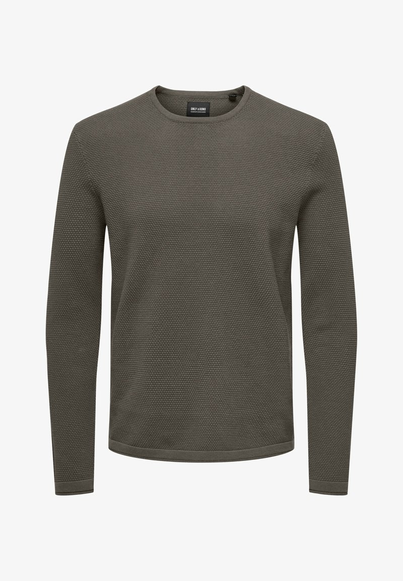 Maglione verde oliva con maniche lunghe, scollatura tonda e tessuto testurizzato con un motivo intrecciato. Polsini e orlo a costine.
