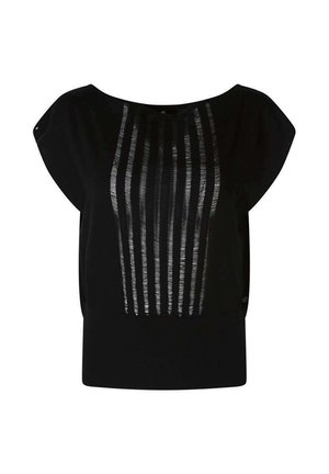 Blouse noire à manches courtes avec un large décolleté en forme de col rond et un motif rayé vertical transparent sur le panneau avant.