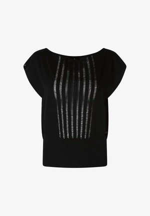 Blouse noire à manches courtes avec un large décolleté en forme de col rond et un motif rayé vertical transparent sur le panneau avant.