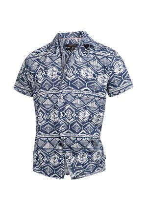 Camicia a maniche corte in blu navy e bianco con motivi geometrici, colletto button-down e vestibilità rilassata. Realizzata in tessuto leggero.