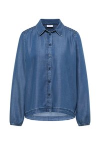 Blaues Jeanshemd mit klassischem Kragen, durchgehender Knopfleiste, langen, aufgepufften Ärmeln und gerafften Details an den Schultern.