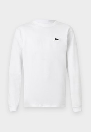White long-sleeve crewneck shirt with small black "OBEY" text logo on the upper left chest, displayed on a plain background.