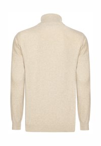 Beżowy sweter z wysokim kołnierzem, długimi rękawami i prążkowanymi mankietami. Wykonany z miękkiego, teksturowanego materiału, z minimalnymi detalami szycia.