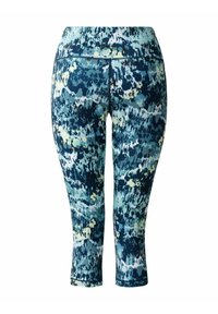 Marineblaue Capri-Leggings mit einem strukturierten, abstrakten Muster in den Farben Teal, Gelb und Weiß. Mit einem breiten Bund und einem knöchellangen Saum.