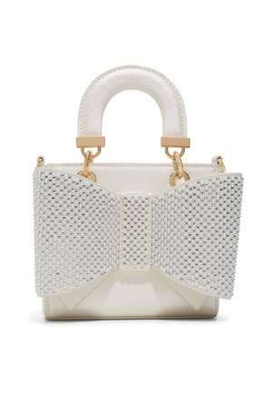 Petit sac à main blanc avec poignée rembourrée et grand nœud avant orné de perles argentées et d'accents en métal doré.