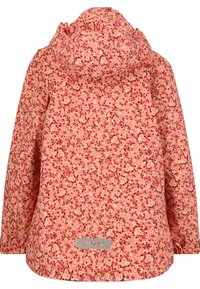 Giacca con cappuccio a fantasia floreale rosa, caratterizzata da piccoli fiori multicolori, polsini elasticizzati e un logo in metallo argentato.