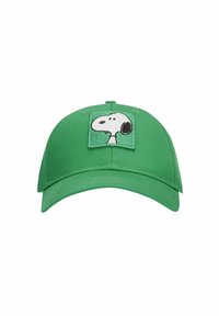 Grüne Baseballmütze aus Baumwolle mit einem Vorderpatch, das einen gestickten Cartoon-Hund zeigt. Die Mütze hat strukturierte Paneele und einen gebogenen Schirm.