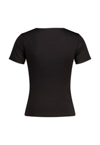 Black short-sleeve top made from smooth, stretchy fabric. Features a crew neck and fitted shape, with a seamless back design.