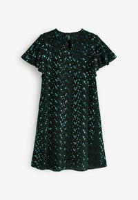 Robe noire avec des sequins turquoise, manches courtes à volants, décolleté en V et détail de dos en trou de serrure. Coupe régulière et design jusqu'aux genoux.