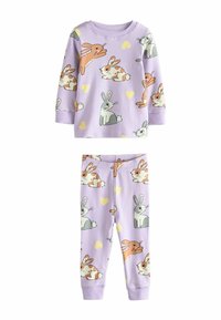 Conjunto de camiseta de manga larga y pantalones lilas con divertidos patrones de conejitos y corazones amarillos, diseñado para la comodidad y calidez de los niños.