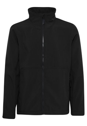 Sorte softshell-jakke med høj krave, front lynlås lukning, to sidelommer, glat tekstur og ingen synlige mønstre eller detaljer.