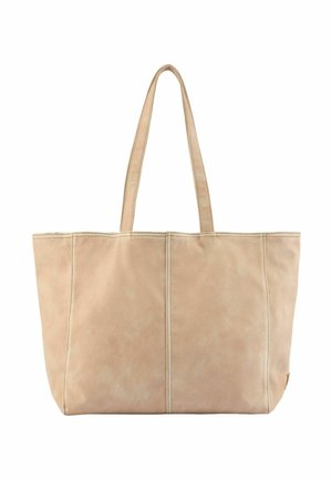 Sac fourre-tout beige avec deux longues anses et des détails de coutures verticales, fabriqué en matière douce ressemblant au daim.
