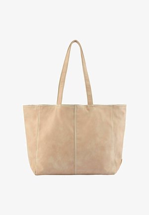 Sac fourre-tout beige avec deux longues anses et des détails de coutures verticales, fabriqué en matière douce ressemblant au daim.