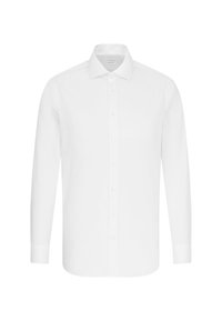 Chemise blanche à manches longues avec col pointu, devant uni et poignets boutonnés, présentée sur fond blanc.