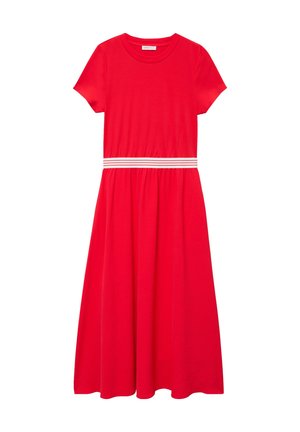 Vestido midi rojo de manga corta con escote redondo y cinturilla elástica con rayas blancas, falda acampanada, hecho de tela ligera.