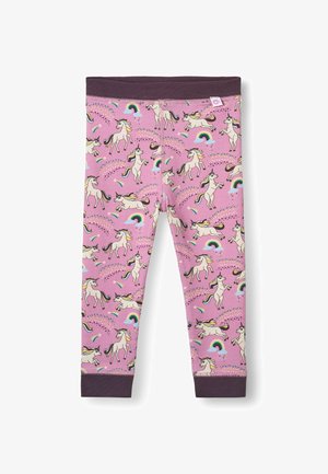 Leggings roses pour enfants avec taille et poignets violets, ornés d'un motif de licornes, arcs-en-ciel et étoiles.