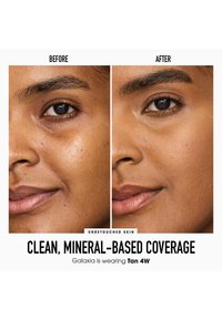 Gezichtsvergelijking naast elkaar die de huid toont voor en na het aanbrengen van een mineraal-gebaseerd dekkingsproduct, met nadruk op een gladde textuur en egale kleur.