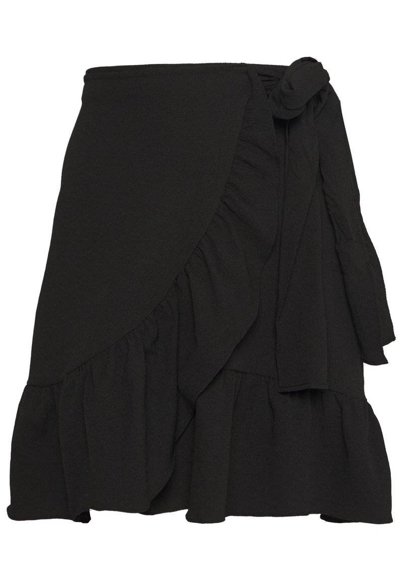 Jupe portefeuille noire en tissu léger, avec des accents à volants sur l'ourlet et une fermeture à nouer à la taille pour un ajustement réglable.