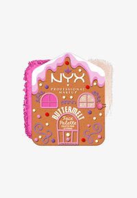 Buttermelt ansigtspalette i en husformet emballage med en brun base, rosa glasurdetaljer, farverige accenter og logo.