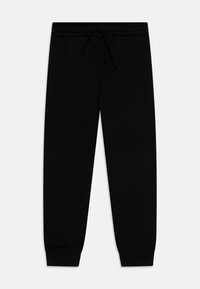 Svarta sweatpants med drarem vid midjan, elastiska muddar och sidofickor. Tillverkade av ett mjukt tyg med en slät textur.