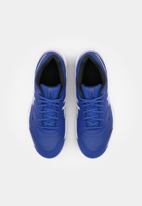 Chaussures de sport bleues avec tige en mesh et synthétique, bout rond, accents blancs et lacets, dotées d'un intérieur rembourré pour le confort.