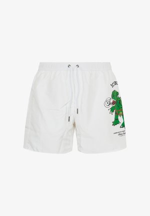 Pantaloncini bianchi con coulisse, con grafica di uno zombie cartone animato verde e testo nero sulla gamba destra, vita elastica e occhielli metallici sulla coulisse.