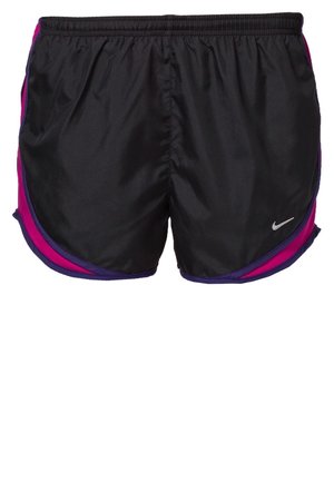 Schwarze Sportshorts mit pinken und violetten Seitenstreifen, elastischem Bund und kleinem weißem Nike-Swoosh-Logo am vorderen rechten Bein.