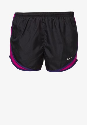 Black athletic shorts with pink and purple side panels, elastic waistband, and small white Nike swoosh logo on the front right leg.