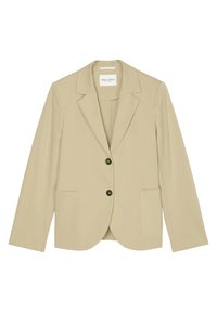 Blazer beige su misura con revers a punta, due tasche frontali e due bottoni neri. Tessuto liscio con una vestibilità strutturata.