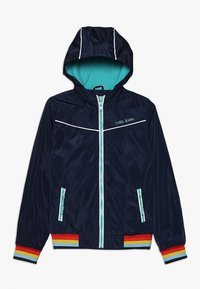 Navy blue hooded jacket with turquoise lining, front zipper, two zippered pockets, "CARS JEANS" logo, and rainbow-striped cuffs and hem.