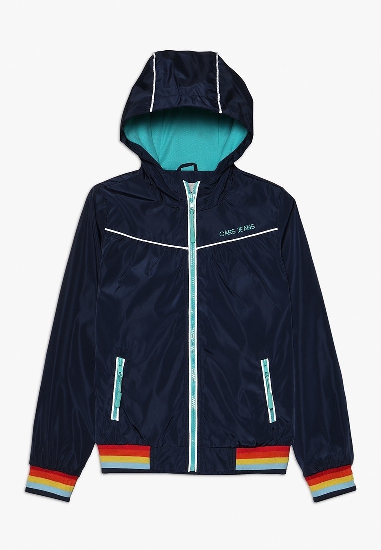 Navy blue hooded jacket with turquoise lining, front zipper, two zippered pockets, "CARS JEANS" logo, and rainbow-striped cuffs and hem.