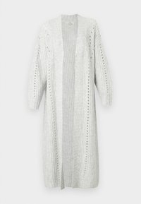 Helehall knititekiga kardigan avatud esiosaga, soonikkoes, puhvärviliste varrukatega ja vertikaalsete triipudega. Omab dekoratiivset õmblust ning augudetailide lisasid.
