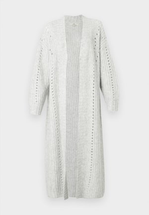 Light gray knitted cardigan with open front, ribbed texture, puffed sleeves, and vertical stripes. Features decorative stitching and eyelet details.