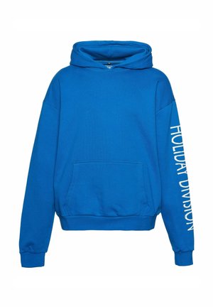 Blue hooded sweatshirt with a front pocket, long sleeves, ribbed cuffs, and "HOLIDAY DIVISION" text in white on the left sleeve.
