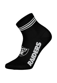Czarna stopańska skarpetka z elastycznym ściągaczem w prążki, z białymi paskami, napisem "RAIDERS" oraz wyraźnym logo drużyny futbolowej.
