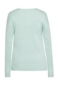 Pullover di maglina verde menta chiaro con maniche lunghe, scollatura ampia e polsini e orlo a costine. Texture liscia, senza motivi visibili.