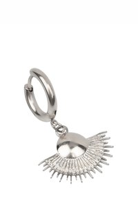 Silver hoop earring featuring a textured sunburst pendant with elongated rays, reflecting light, creating a bold geometric shape.