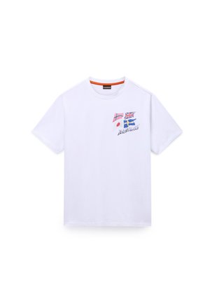 Biele bavlnené tričko s potlačenými vlajkami Japonska, Spojeného kráľovstva a Švédska, pod ktorými je nápis "ANARCHY" v štýlovom písme. Krátke rukávy, okrúhly výstrih.